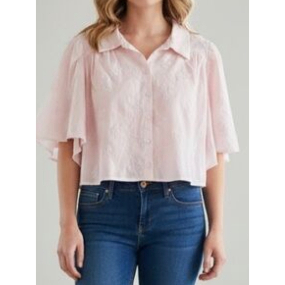 CAROLINE CONSTAS Pink Embroidered Button Down Crop Top Cottagecore Medium